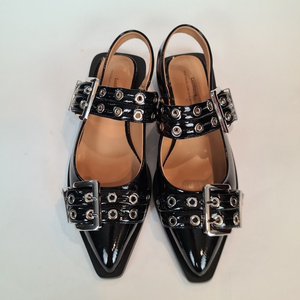 Lunhonk Black Buckle Ballet Slingback Flats 38 US 7/7.5 Punk Chic Grommet Gothic - Picture 3 of 8